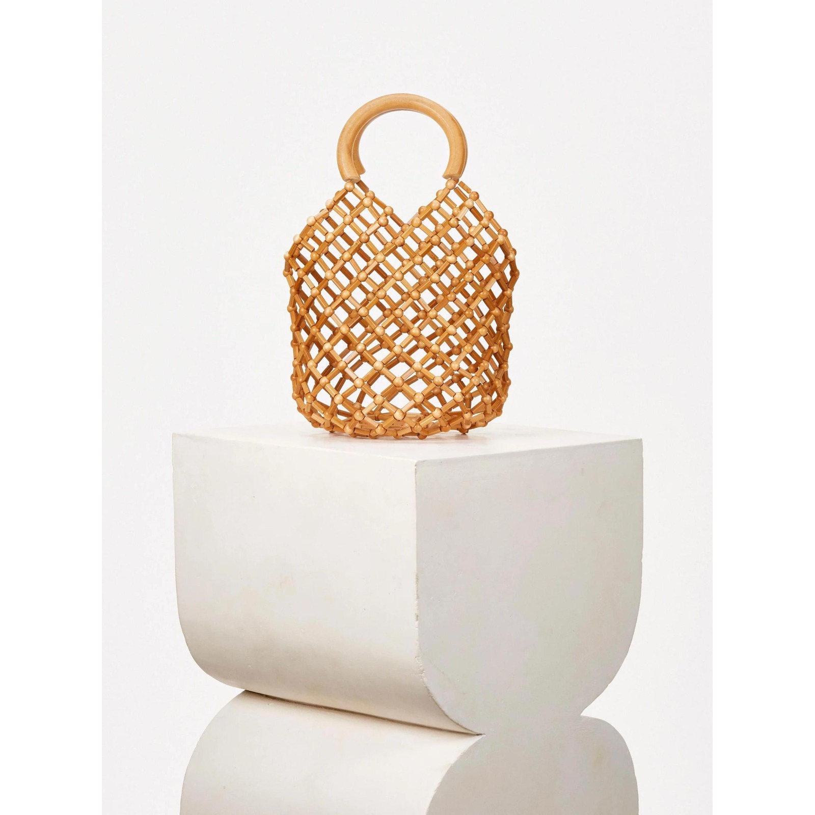 Cult Gaia Emmie Net Tote Bag Natural Bamboo Beaded Lattice Summer Handbag